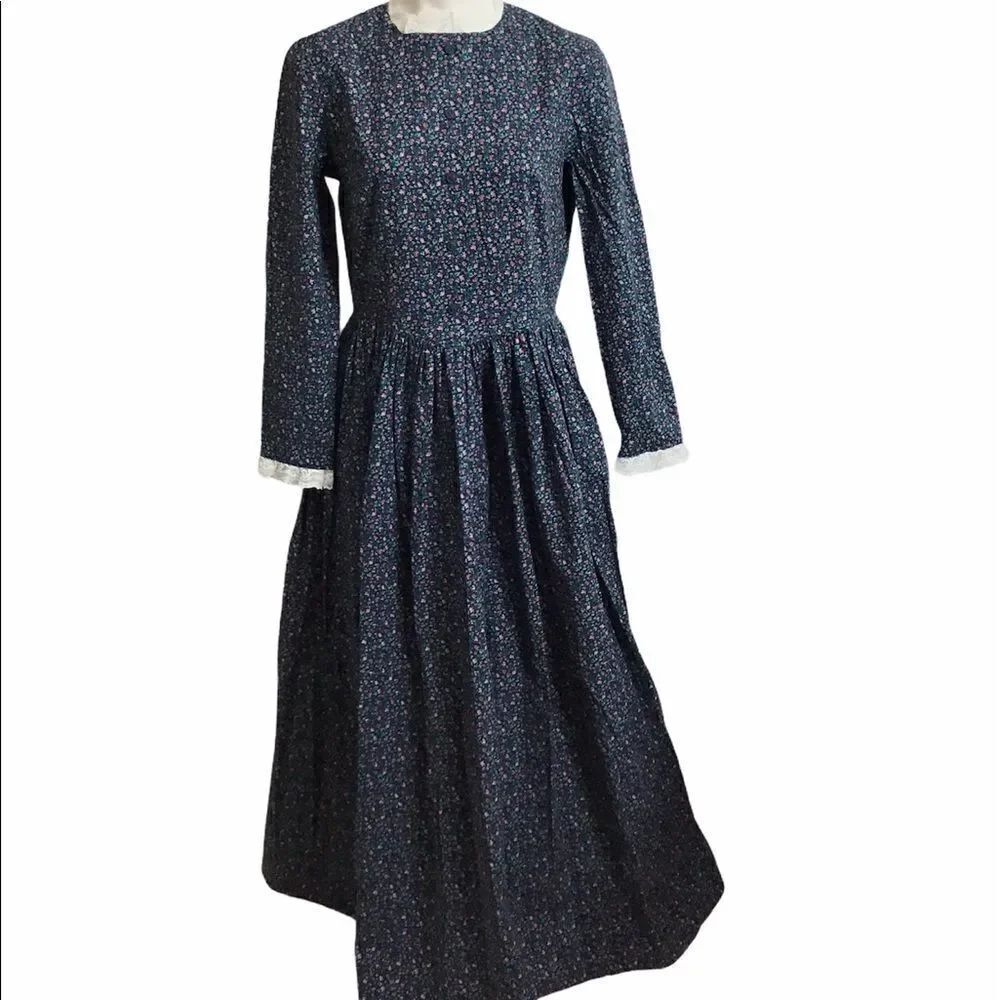 Vintage Maxi Dress Floral Cornflower Blue Print Cottage Core Lace Trim Dress